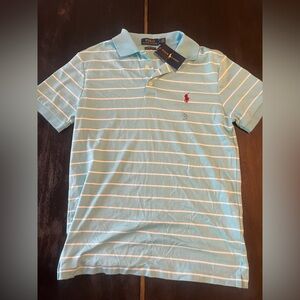 Ralph Lauren Light Blue and White Striped Polo with Red Pony